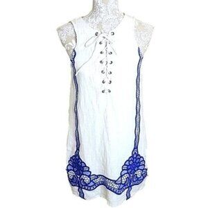 Entro Dress Mini White w/Blue embroidery Boho Sleeveless Cotton Women's Small